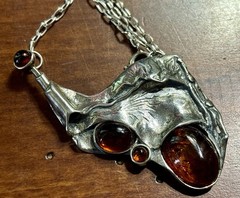 Vintage 17” Sterling & Amber Brutalist Necklace / Amazing!!