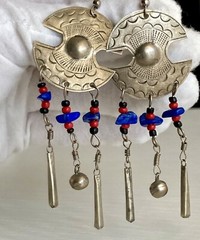 Vintage Lapis Silver Tone Dangling Earrings Large 3.5in Red Black Beads 9.84g