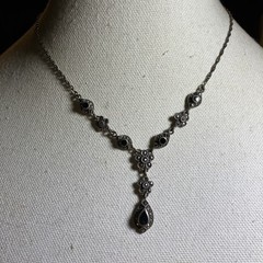 Vintage Victorian Black Onyx, Marcasite, Sterling Silver Lavalier Y Necklace
