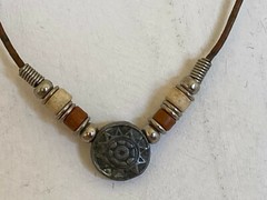 Vintage Brown Bead Accented Pewter Sun Pendant Brown Leather Cord Necklace – 17″