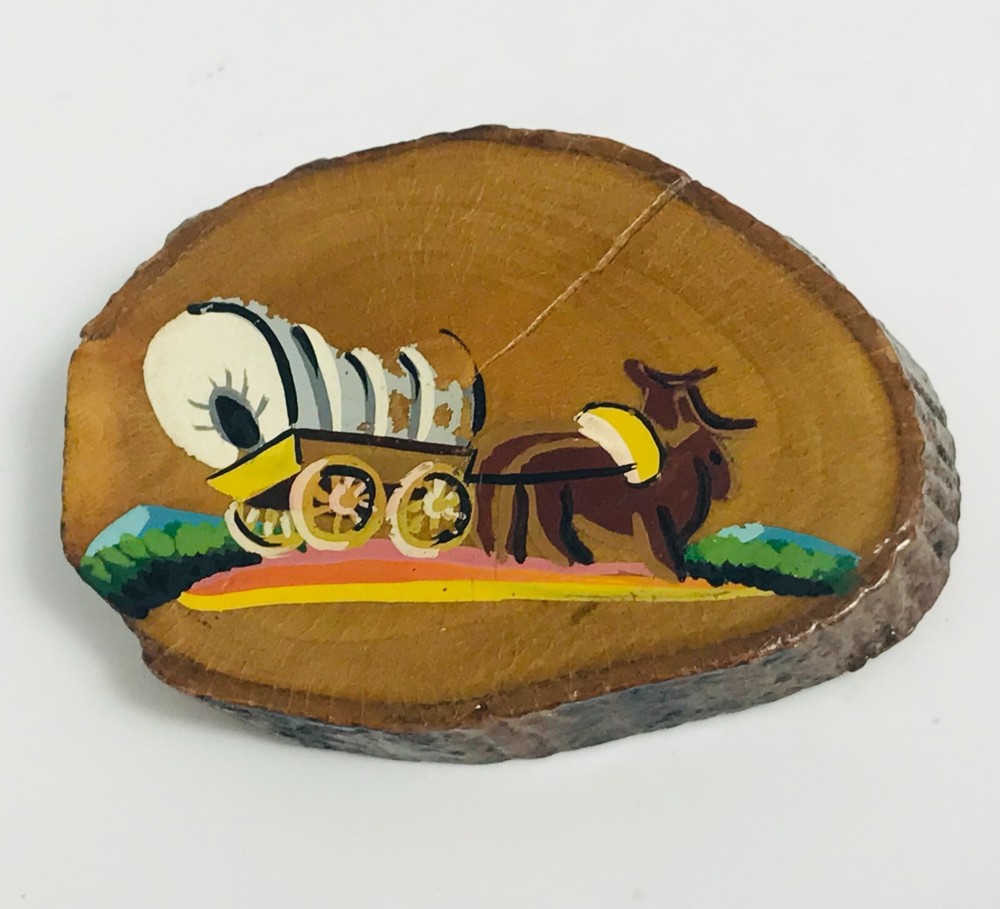 Vintage Hand Painted Wood Brooch Western Theme Wagon & Horse Handmade Old West