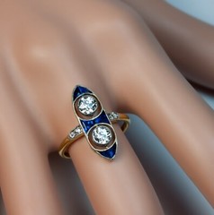 Two Round Moissanite & Fancy Blue Unique Long Finger Estate Ring 10K Rose Gold