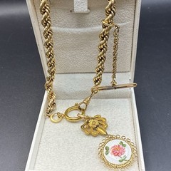 30g Vintage 12k Gold Filled Pocket Watch Chain FOB, Dog Clip T-Bar, GF Guilloche