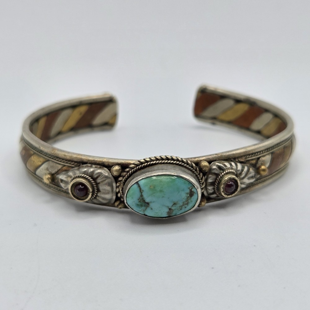 Vtg Tibetan Mixed Metal Cuff Bracelet Turquoise Garnet Tri Metal Nepal Bangle