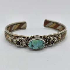 Vtg Tibetan Mixed Metal Cuff Bracelet Turquoise Garnet Tri Metal Nepal Bangle