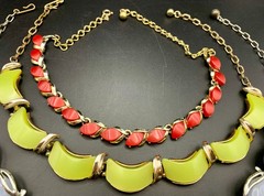 Vintage Thermoset Jewelry 4 Pc Collection Necklace Earrings Red Green Blue