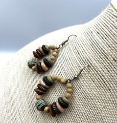 Vintage 1990s Boho Hoop Earrings Wood Metal Beads Earth Tones Limited Express