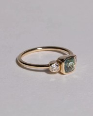 Three Stone 1.69CT Green & White Lab Created Diamond 14K Yellow Gold Finish Ring
