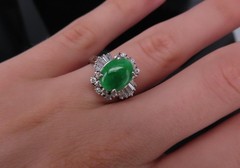Vintage 1.10ct Natural Jadeite Jade & 0.49ct Diamond Platinum Ring, Size 7.25
