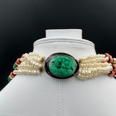 Kenneth Jay Lane KJL 6 Strand Asian Style Faux Pearl Jade Onyx Necklace