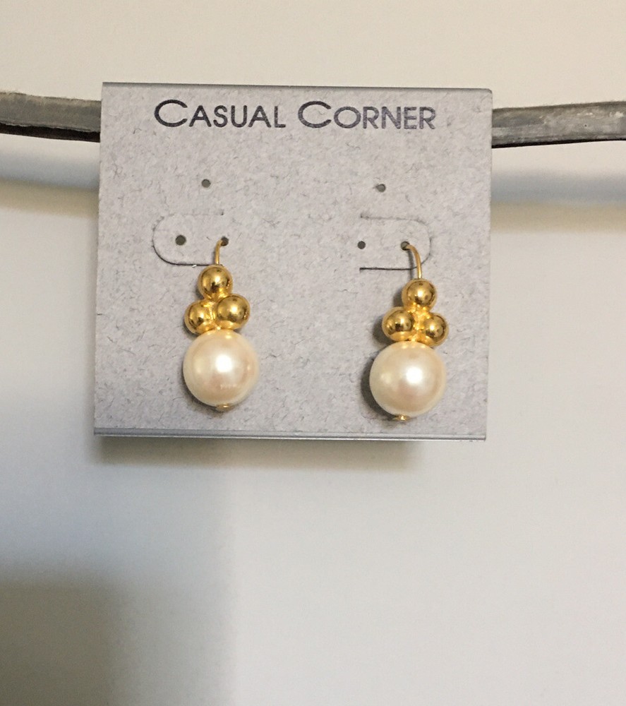 Vintage Casual Corner Earrings Gold Tone Ball With Faux Pearls-Dangle