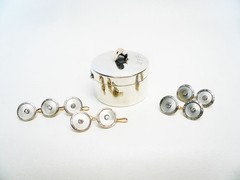 Deco Diamond 14k Gold & Platinum Gents Tuxedo Set with Sterling Trinket Box