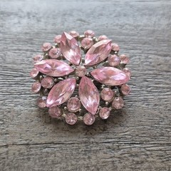 Vintage Floral Brooch Pin Silver Tone Metal Pink Rhinestone Starburst 1/2 Inches