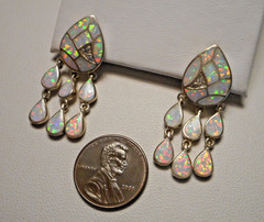 Beautiful Sterling & Opal Mosaic Pierced Earrings w Triple Drops post style