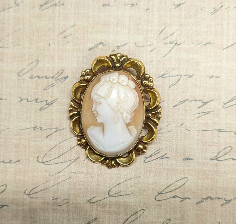 Vtg Carved Shell Cameo Pendant Gold Filled Left Facing Lady Brooch Pendant