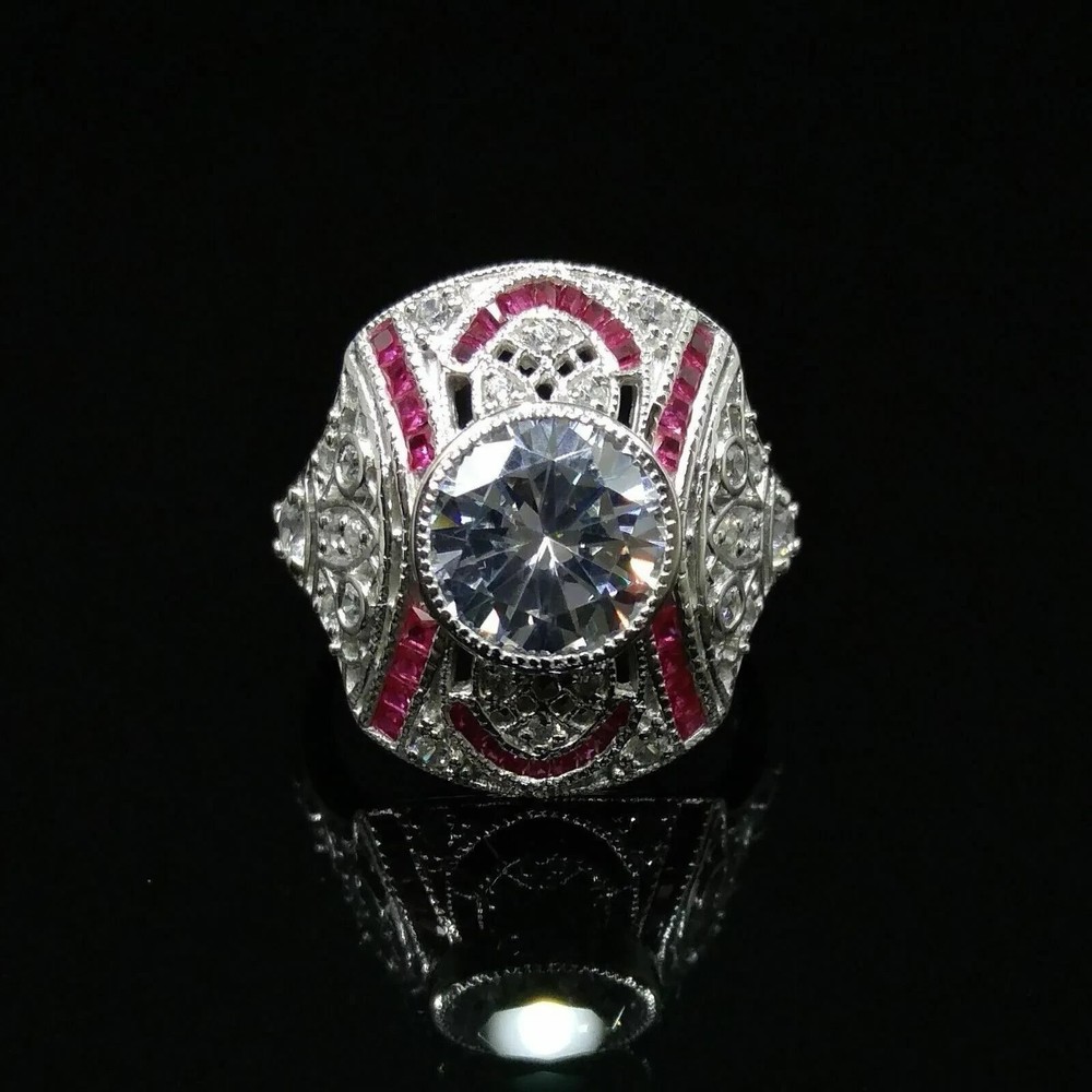 1.50Ct Art Deco Style Round Moissanite Ruby Cocktail Anniversary Ring 925 Silver