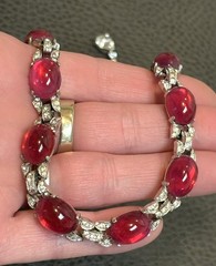 RARE ART DECO JOMAZ Or MAZER Faux Ruby Cabochon Rhinestone SILVER TONE Necklace