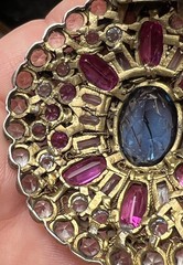 Vintage HOBE Filigree Clip Brooch Ruby Red Aqua & Clear Glass Stones