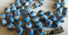 Vintage Murano Millefiori Glass Bead Necklace 28″ Long Venetian Blue Flower