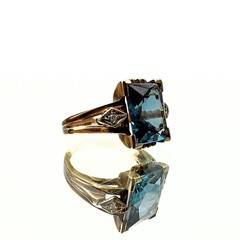 Antique Art Deco Marked 10K Emerald Cut Blue Topaz Diamond Ring Sz 4