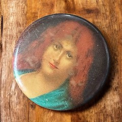 Antique Lithograph Portrait Pin Redhead Woman 1900s Metal Novelty Brooch