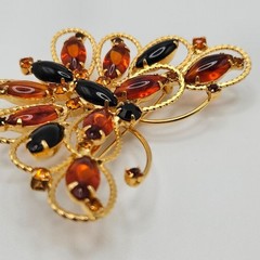 VINTAGE Black and Amber Glass Rhinestone Large Butterfly Brooch Pin Pendant