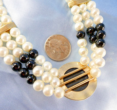 Vintage Faux Pearl Necklace Black White Beaded Multi Strand w/ Crystals