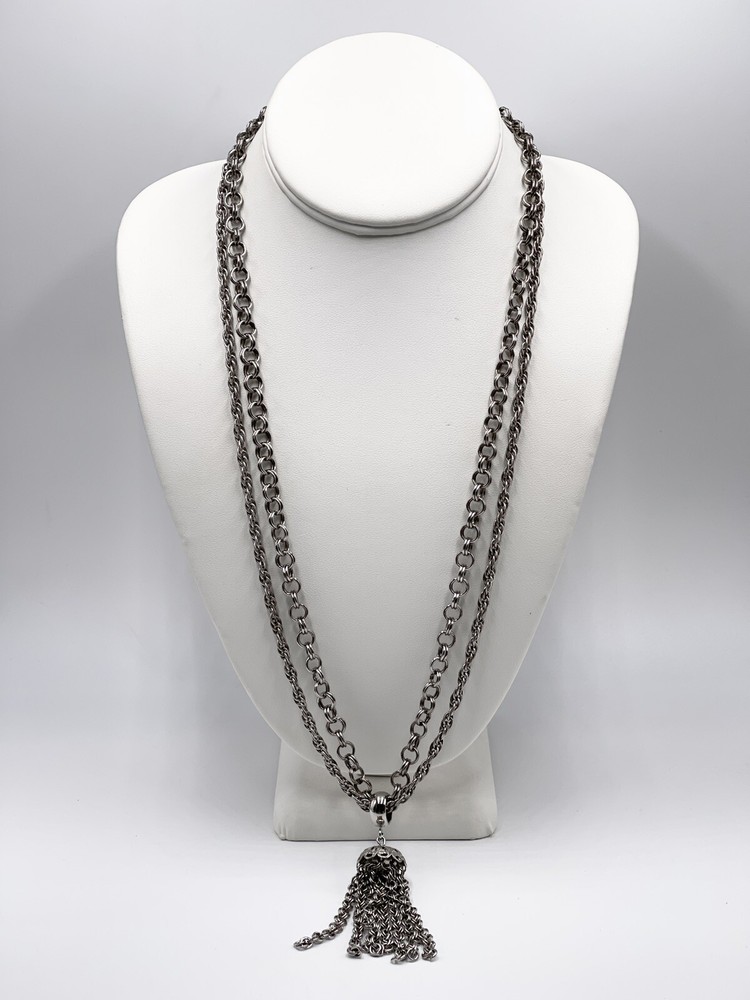 Vintage Necklace Silver Tone Multi Chain Tassel