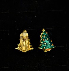 Christmas Tree Earrings Clip On Holiday Winter Gold Tone multicolor ornaments