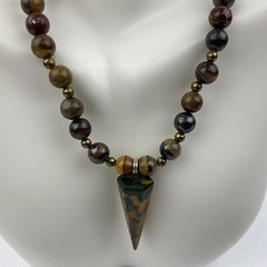 Vtg Genuine Jasper Hexagonal Pyramid Pendant Necklace Earring Set Earth Tones