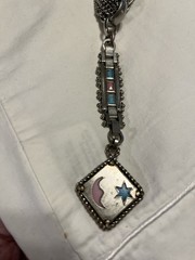OOAK CHAINS NECKLACE W- Vintage WATCH FOB DROP Turquoise & Coral Inset Star Moon