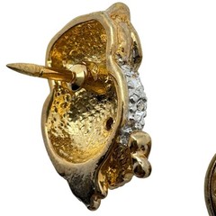Gold-Tone Rhinestone Owl Lapel Pin Brooch With Green Eyes & Secure Clasp