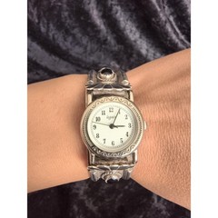 Sterling Silver Southwest Watch Cuff, Black Onyx Accent, Legacy Face, Signed V