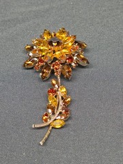 Vtg Tiered Amber Topaz Rhinestone Flower Brooch 4.25″ Large Stem Pin Foil Back