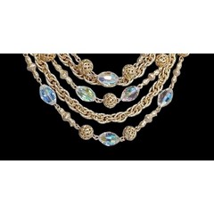 Vintage AB Crystal Glass Bead Multi Strand Gold Tone Bib Necklace 1950s 1960s