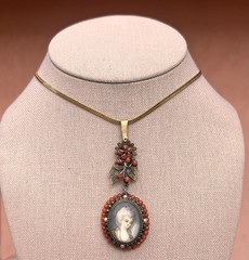 Antique Yellow Gold + Silver Coral Seed Pearls Hand Painted Portrait Pendant