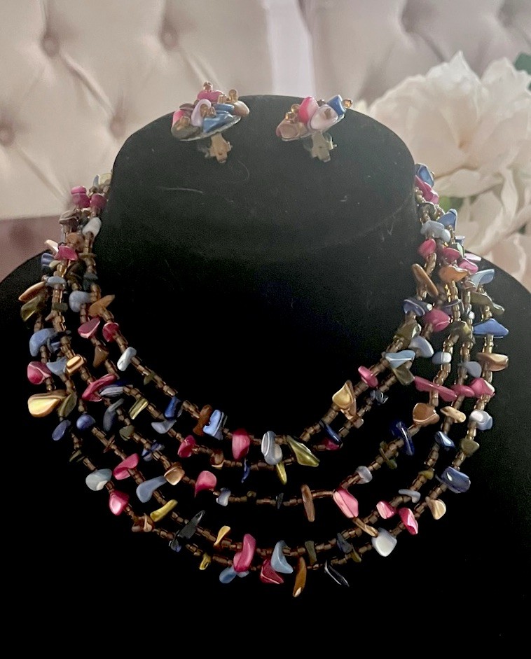 Vintage Blue Pink Amber Beaded Shell Abalone Necklace Earring Set Signed Japan