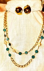 Blue Bezel & Pearl Chain Necklace and earrings • Gold Tone Layered Statement Jew