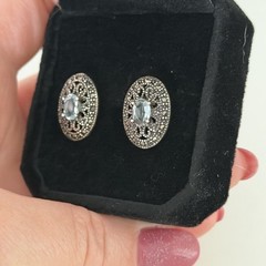 Vintage 925 Sterling Silver Blue Topaz & Marcasite Oval Pierced Stud Earrings