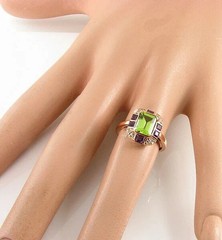 Art Deco 3Ct Emerald Cut Peridot Amethyst Lab Created Diamond 14K Gold FN Ring