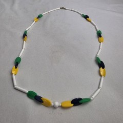 Vintage Colorful Beaded 32″ Necklace Blue Green Yellow White Boho Bohemian MCM