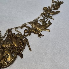 VINTAGE BRASS CHAIN NECKLACE W/21 LOVE CHARMS CUPIDS ANGELS FAIRIES