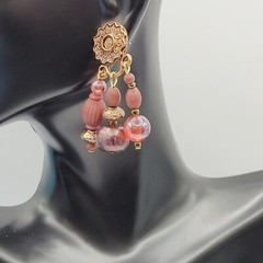 Burgundy Cranberry Copper Colored Multi Shape & Strand Bead Pierced Vtg Earrings