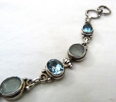 LARGE OVAL FACETED BLUE TOPAZ MELON CARVED QUARTZ STERLING SILVER BRACELET