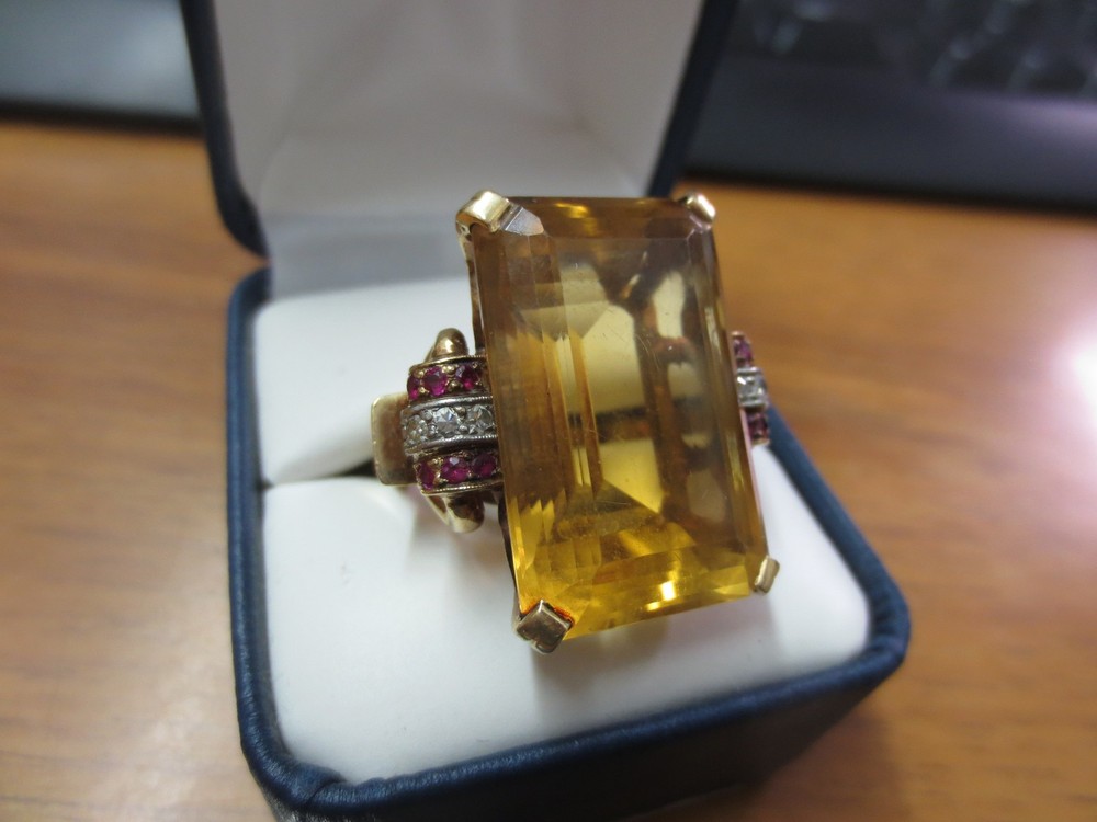 Vintage 14KT Solid Yellow Gold Huge (26mm x 17mm) Yellow Topaz Ring w/ Ruby & Di