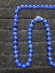 Vintage Marvella Signed Blue Round Ball Glass Bead Necklace W/ Gold Plated Clasp