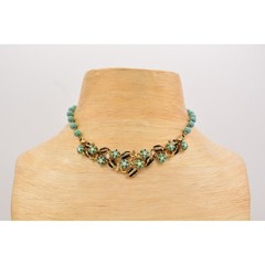 Vintage Floral Aqua Turquoise Beaded Collar Choker Necklace Gold Tone 60s Bin3D