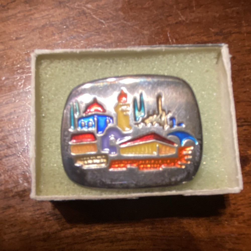925 Sterling Silver Vintage Israel Colorful Enamel Old Town Pin Brooch / Pendant