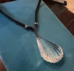 Art Deco STERLING SILVER Tear Drop Craved Rock CRYSTAL PENDANT Cord Necklace