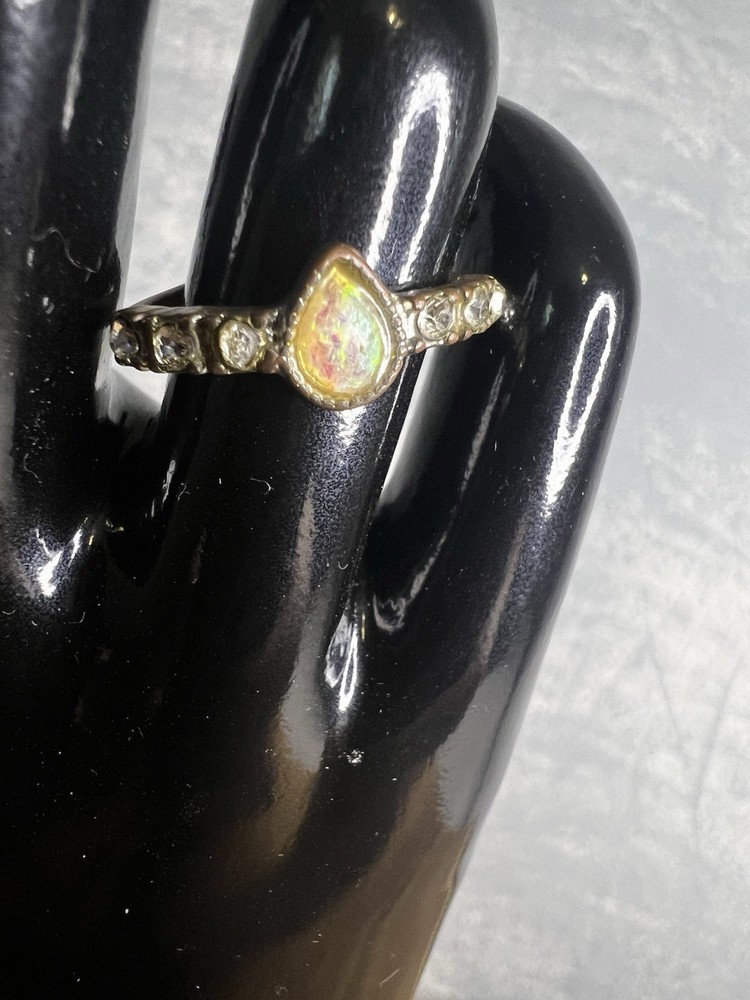 Vintage Art Deco Copper Tone Ring With Opal And Clear Stones Size 7